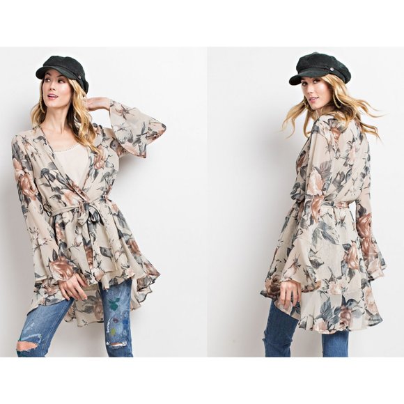 🔥SALE🔥Women's Floral Print Chiffon Cardigan With Waist Tie (NATURAL) - Picture 2 of 2